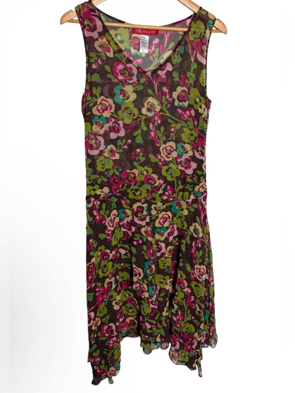 Y2K silk multi colored sheer floral layered midi dress size 8